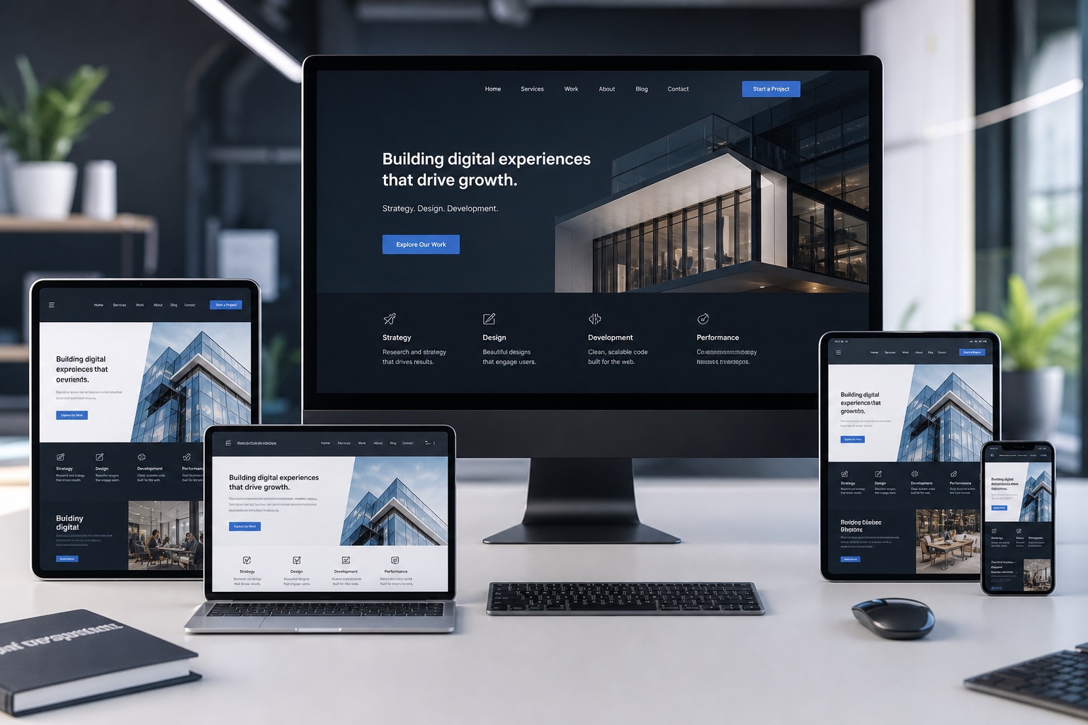 Modern web development dashboard on laptop and screens